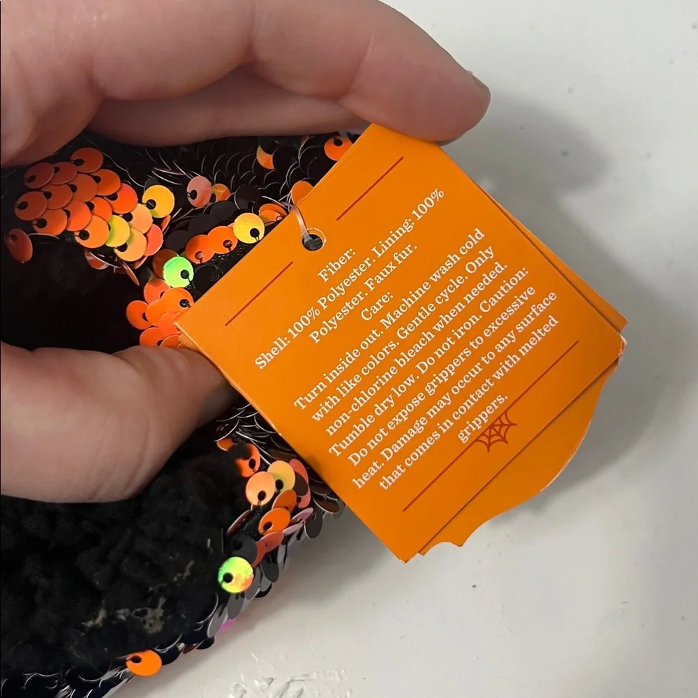 Hyde and Eek Boutiqe Small/Medium Black Orange Cat Sequin Grippy Slipper NWT